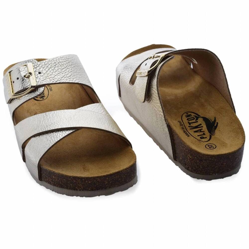 NEW PLAKTON women's boludo slide-on adjustable sandals in gold metallic
